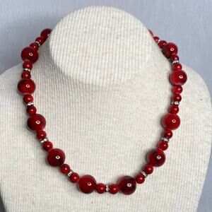 Red Bead Necklace Large And Small Marble Painted With Clear Rhinestone Rondelles